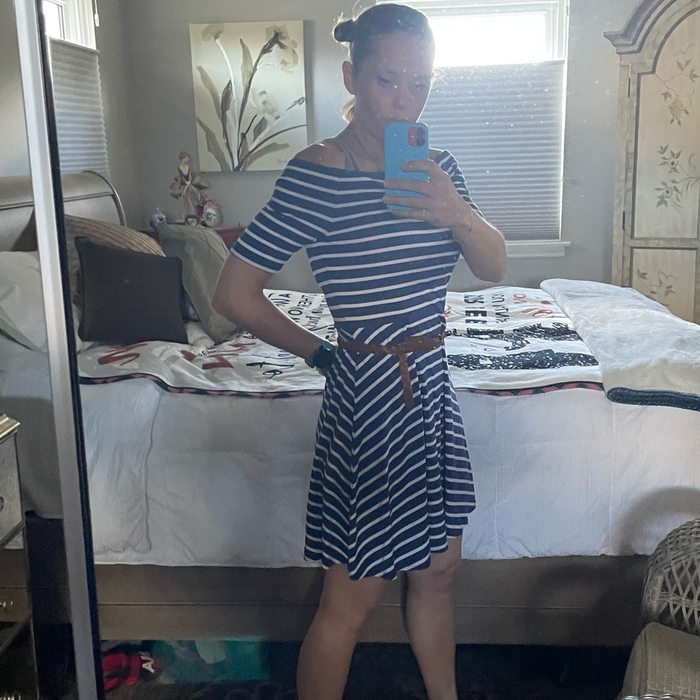 Navy and White Striped Dress with Brown Belt